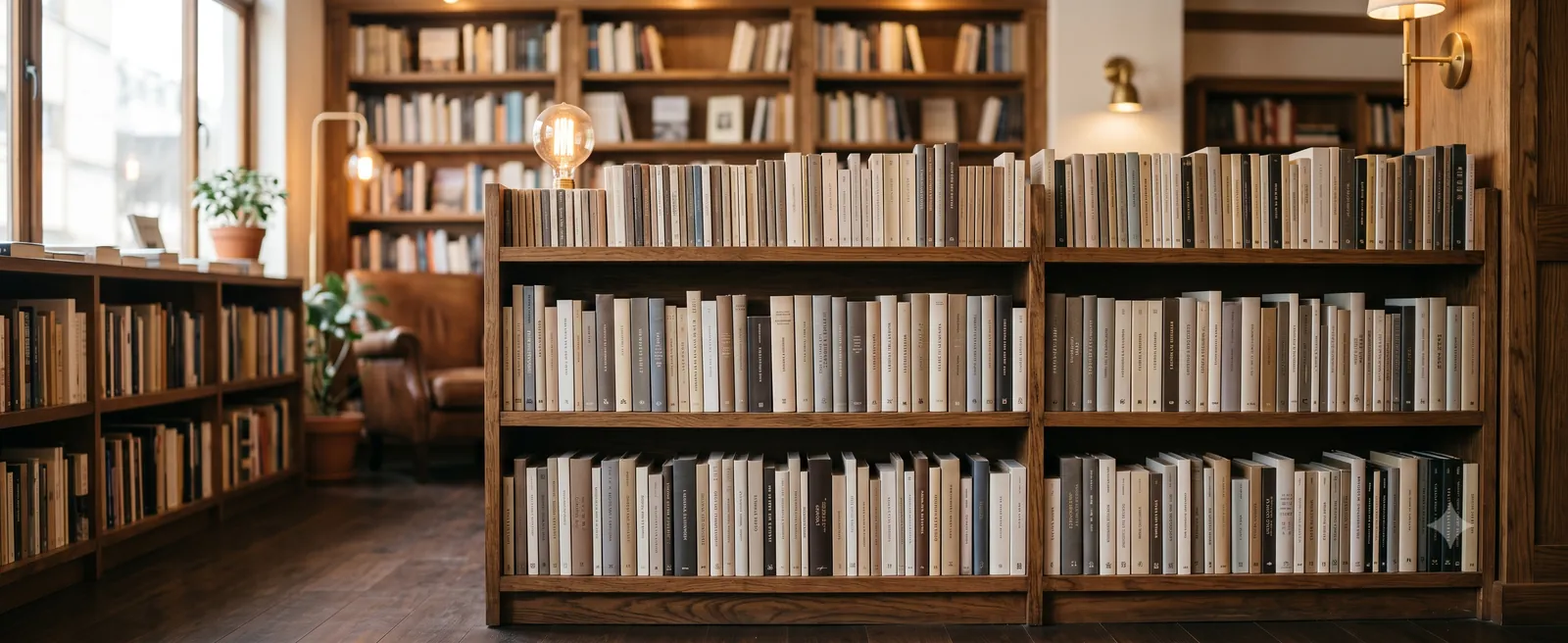 Interior de una librería con estanterías de madera llenas de libros